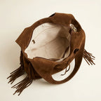 Interior lining and pockets of Coffee suede leather fringe bag