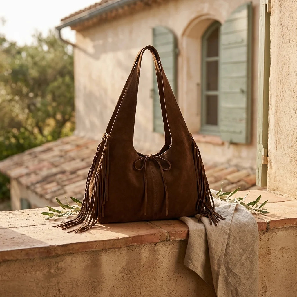 Coffee suede leather fringe bag styled in a warm Mediterranean setting