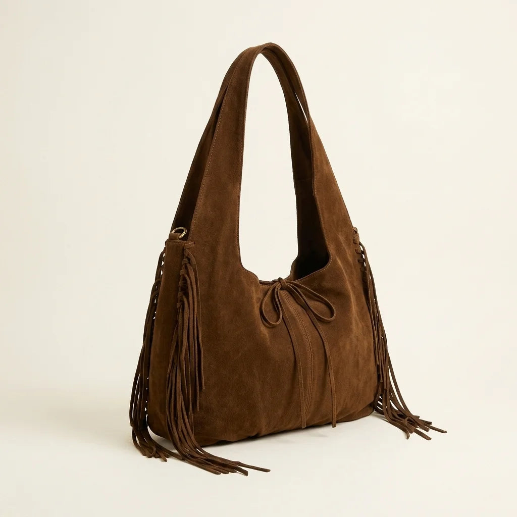 Coffee suede leather fringe bag, three-quarter angle showing side depth