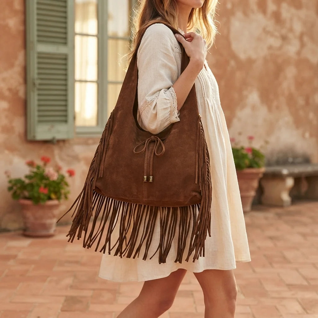 Woman wearing Coffee suede leather fringe bag with swaying fringe