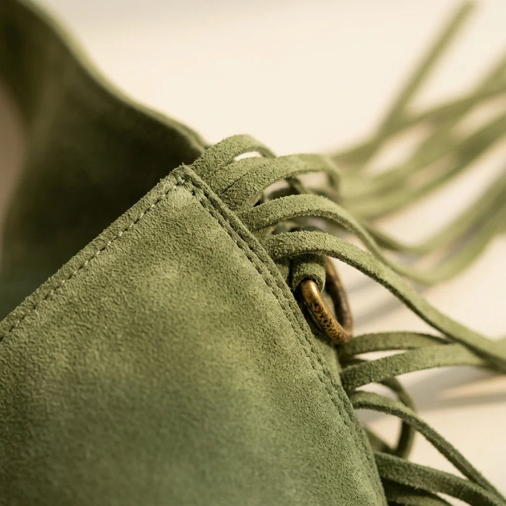 Close-up of fringe stitching and texture on Green suede leather fringe bag