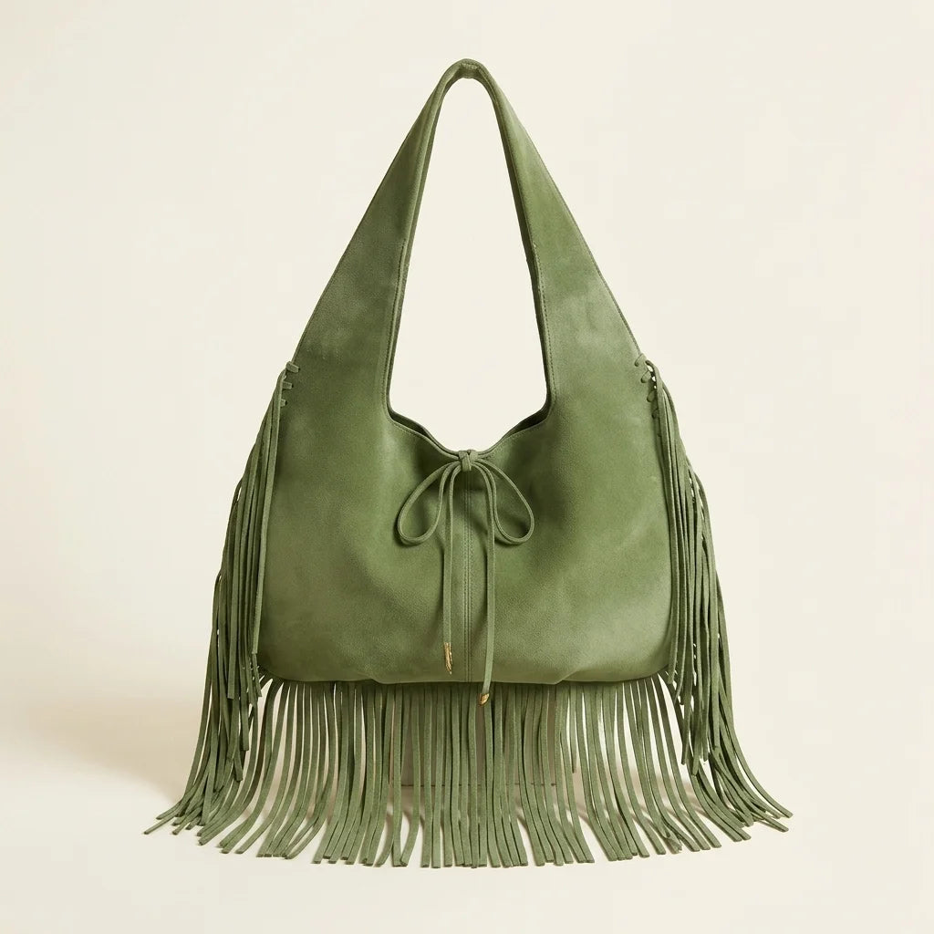 Green suede leather fringe bag, front view