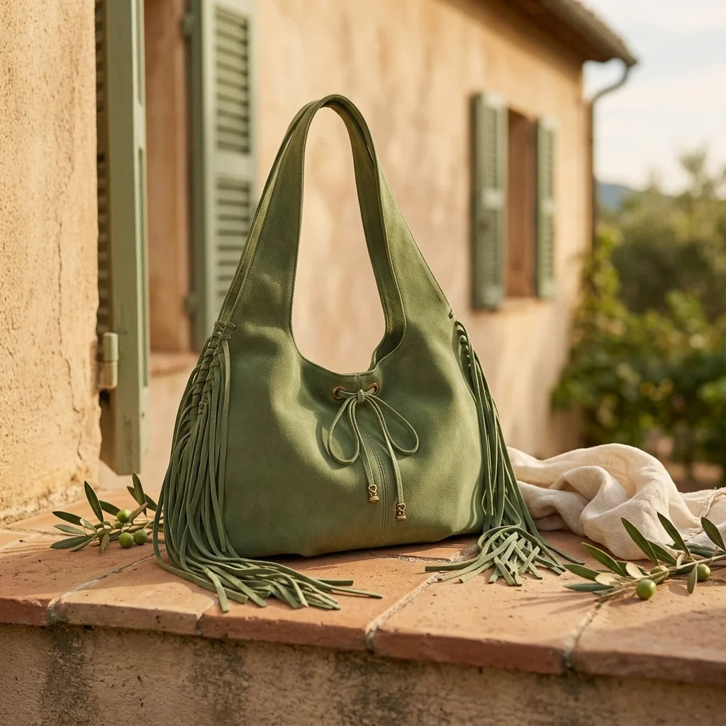 Green suede leather fringe bag styled in a warm Mediterranean setting