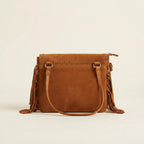 Back panel of Brown suede leather fringe crossbody bag with strap attachments