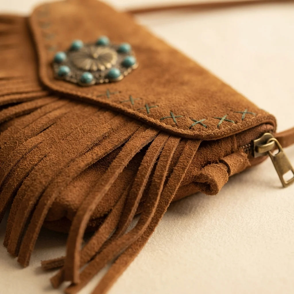 Close-up of fringe stitching and texture on Brown suede leather fringe crossbody bag