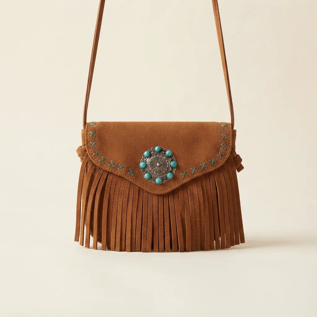 Brown suede leather fringe crossbody bag, front view