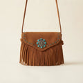 Brown suede leather fringe crossbody bag, front view