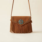 Brown suede leather fringe crossbody bag, front view