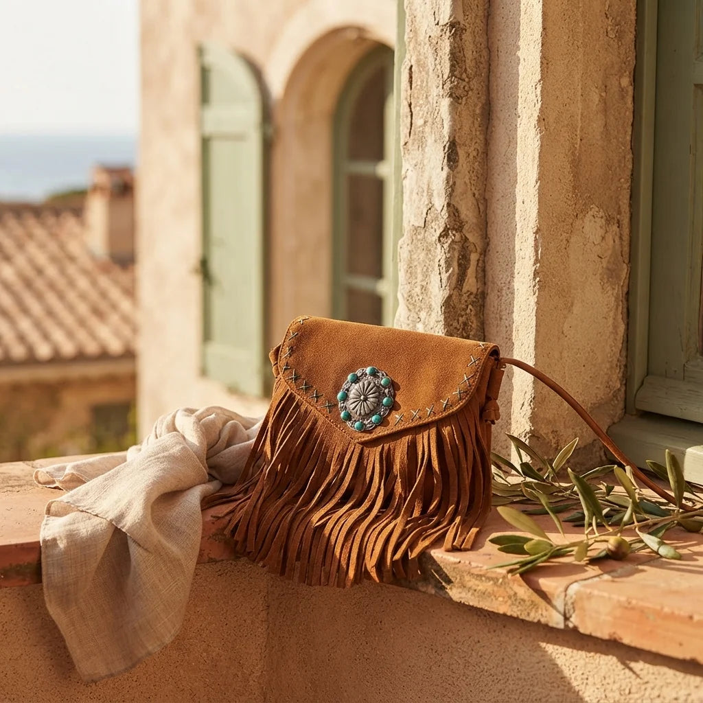 Brown suede leather fringe crossbody bag styled in a warm Mediterranean setting