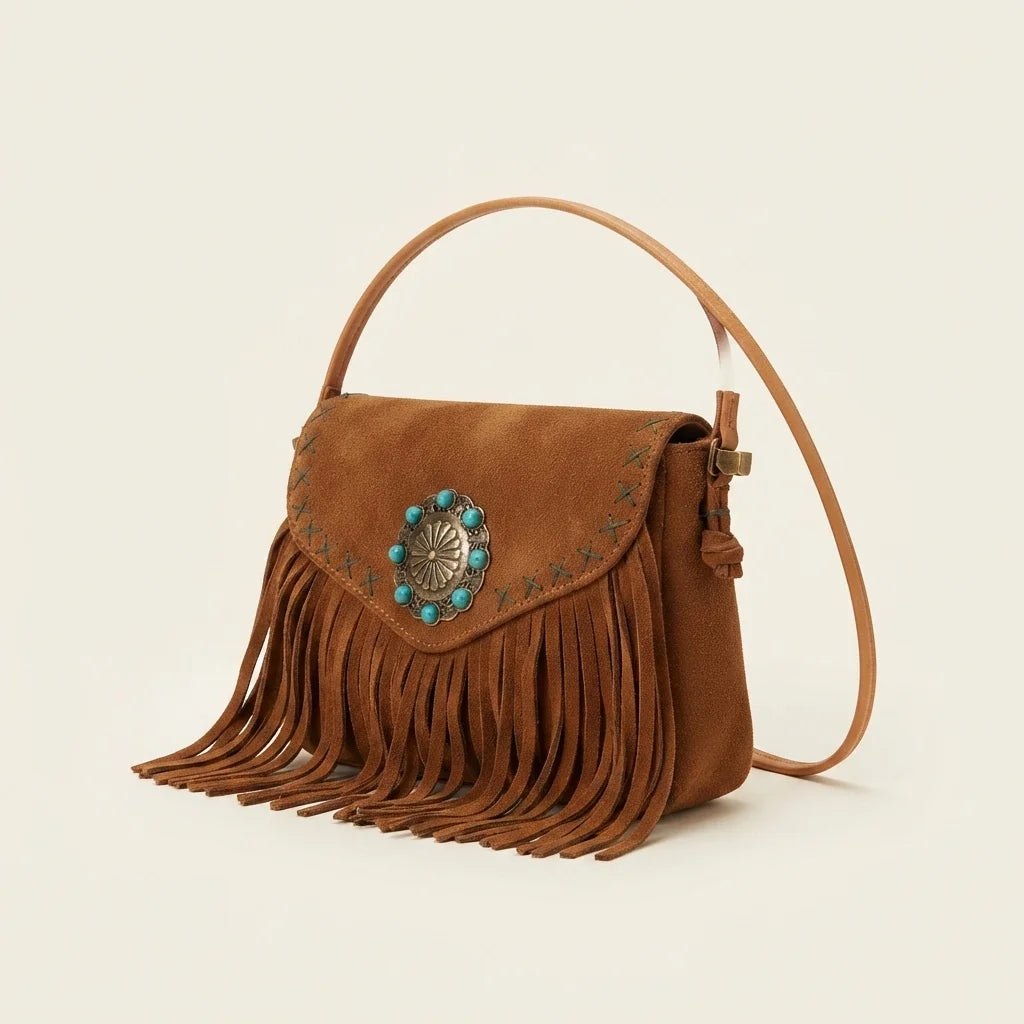 Brown suede leather fringe crossbody bag, three-quarter angle showing side depth