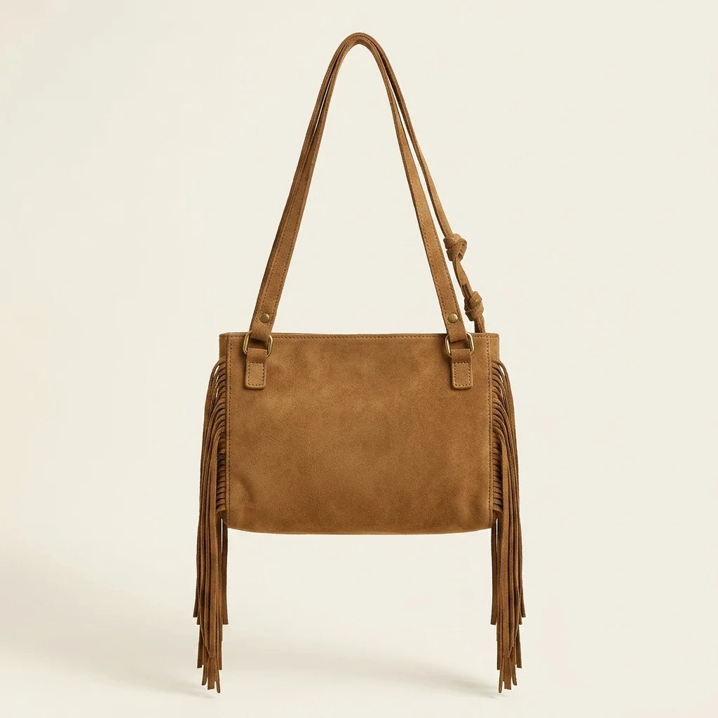 Back panel of Khaki tan fringe bag with strap attachments