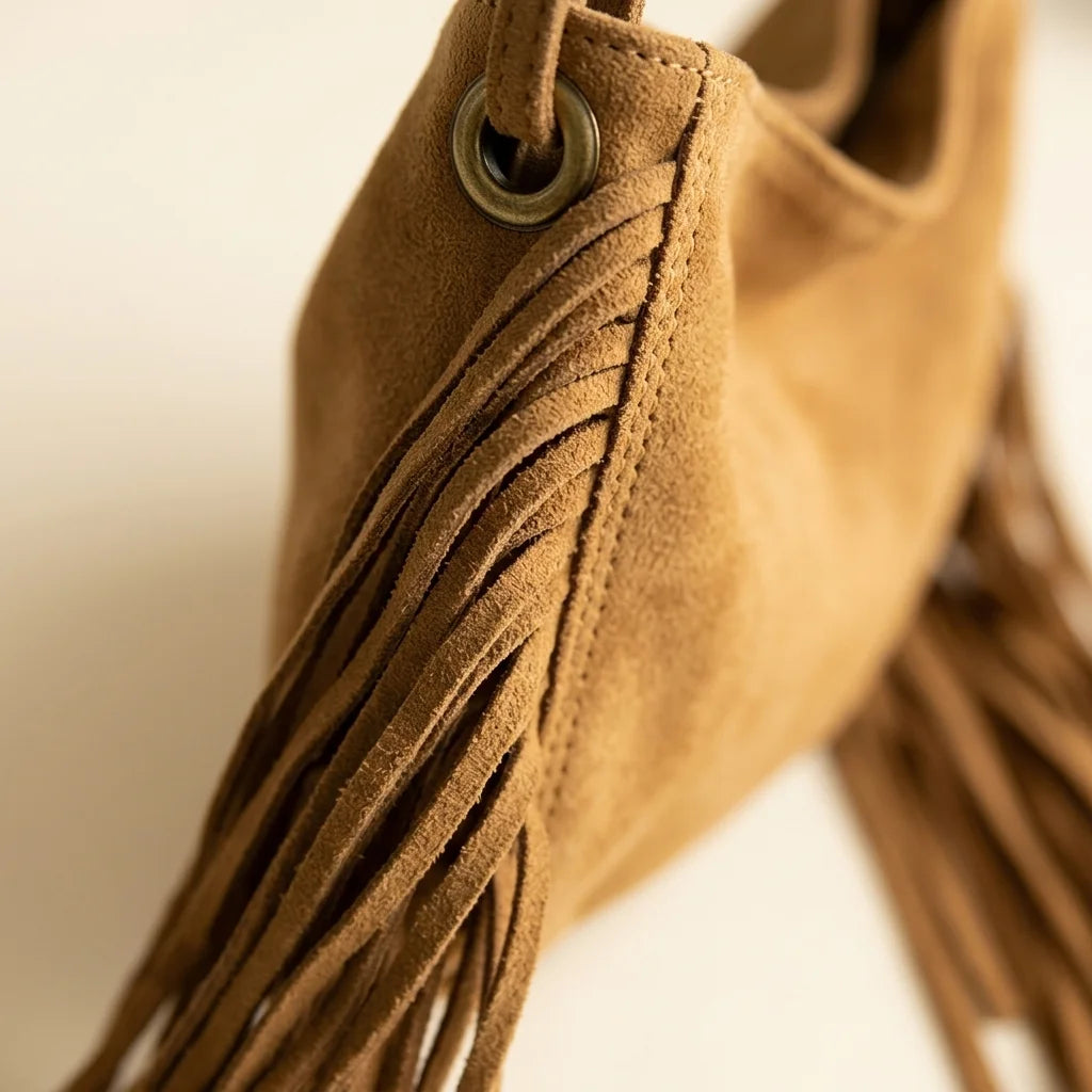 Close-up of fringe stitching and texture on Khaki tan fringe bag
