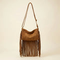 Khaki tan fringe bag, front view