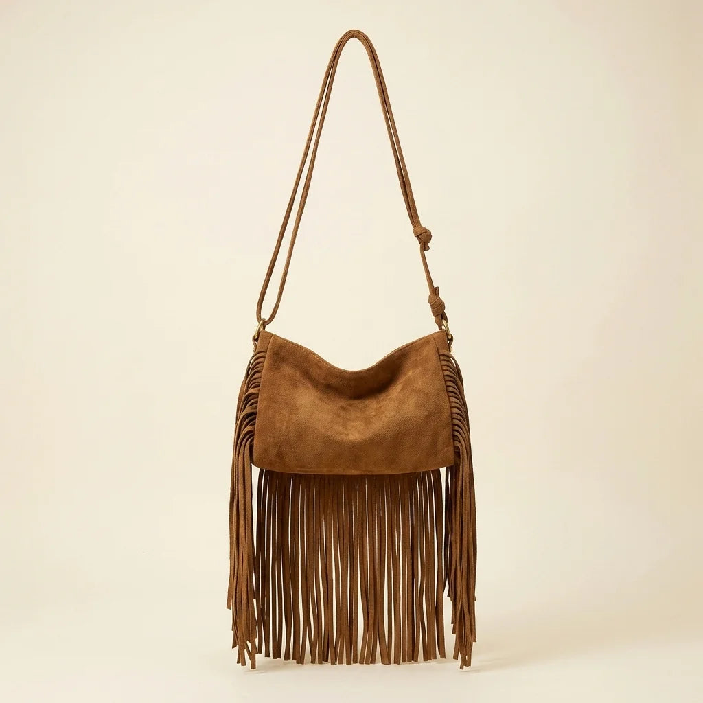 Khaki tan fringe bag, front view