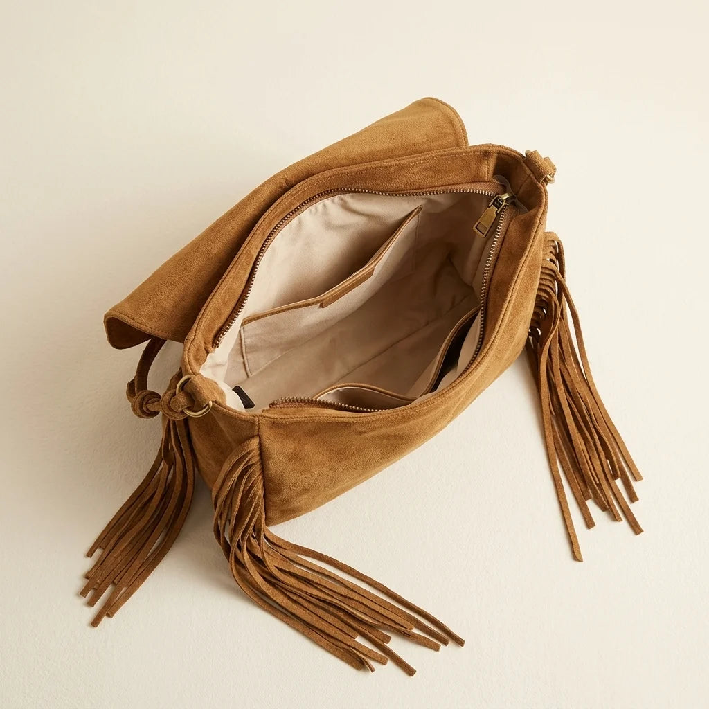 Interior lining and pockets of Khaki tan fringe bag