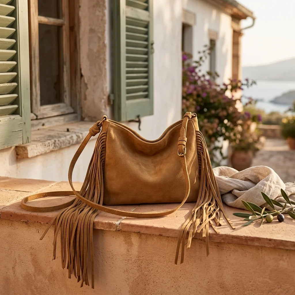 Khaki tan fringe bag styled in a warm Mediterranean setting