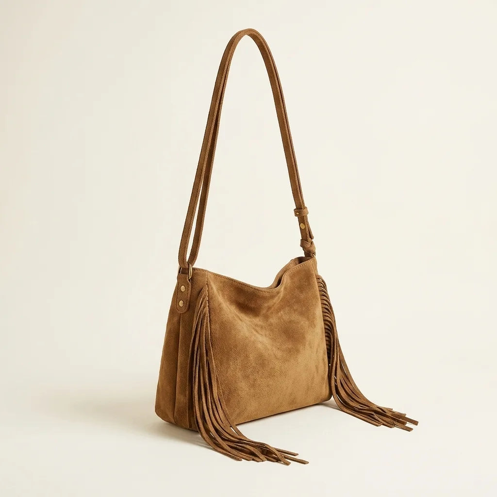 Khaki tan fringe bag, three-quarter angle showing side depth