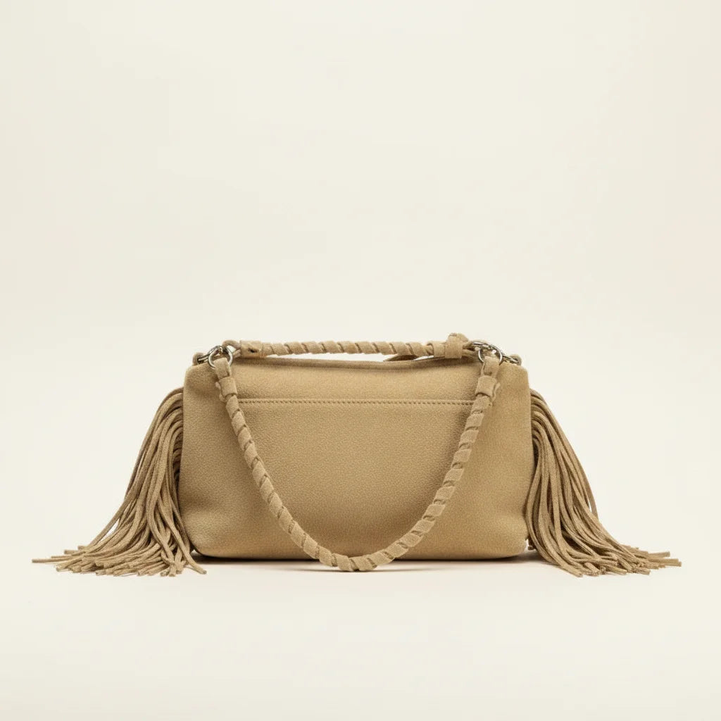 Back panel of Tan tan fringe clutch bag with strap attachments