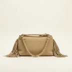 Back panel of Tan tan fringe clutch bag with strap attachments