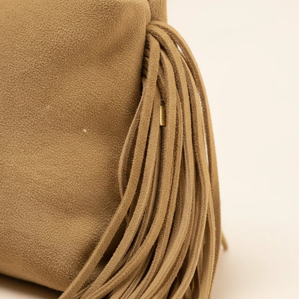 Close-up of fringe stitching and texture on Tan tan fringe clutch bag