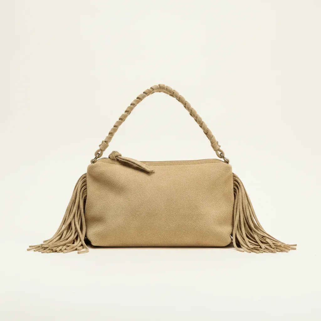Tan tan fringe clutch bag, front view