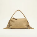 Tan tan fringe clutch bag, front view