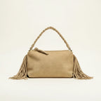 Tan tan fringe clutch bag, front view