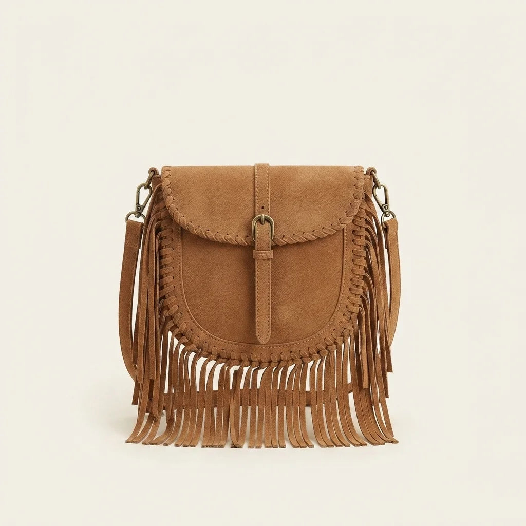 Light Brown tan fringe crossbody bag, front view