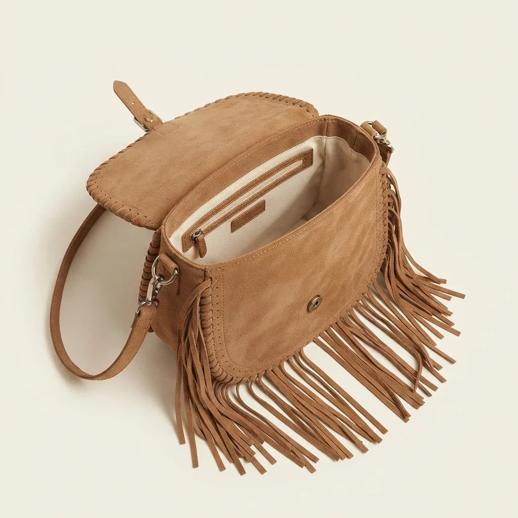 Interior lining and pockets of Light Brown tan fringe crossbody bag