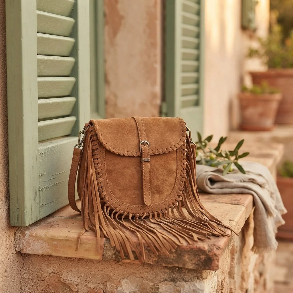 Light Brown tan fringe crossbody bag styled in a warm Mediterranean setting