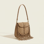 Light Brown tan fringe crossbody bag, three-quarter angle showing side depth