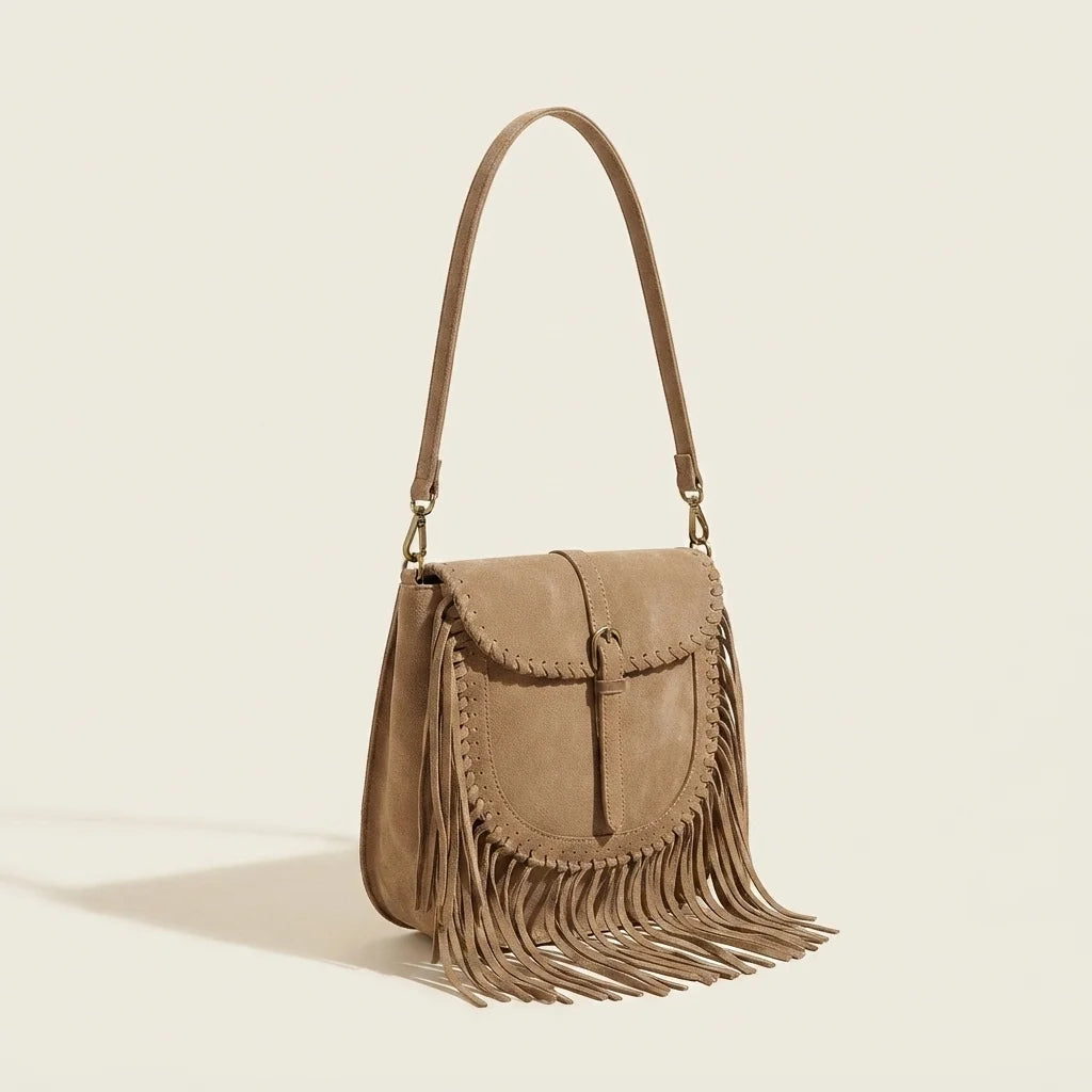 Light Brown tan fringe crossbody bag, three-quarter angle showing side depth