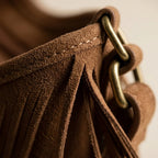 Close-up of fringe stitching and texture on Brown tan fringe hobo bag