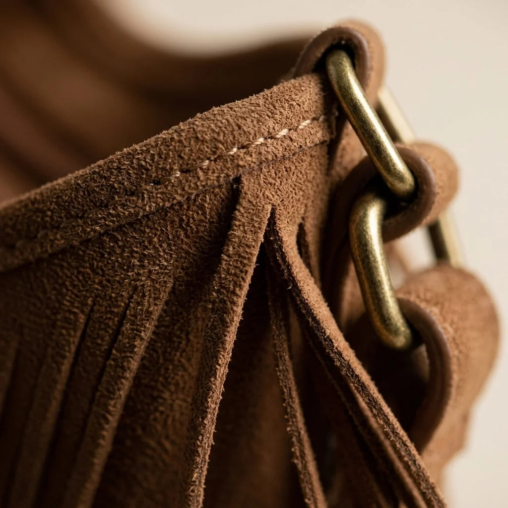 Close-up of fringe stitching and texture on Brown tan fringe hobo bag
