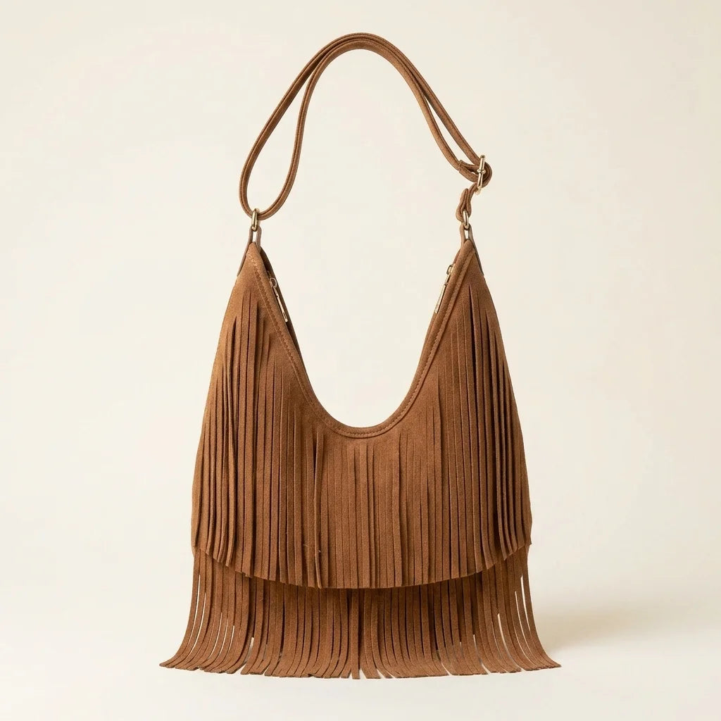 Brown tan fringe hobo bag, front view