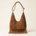 Brown tan fringe hobo bag, front view