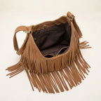 Interior lining and pockets of Brown tan fringe hobo bag