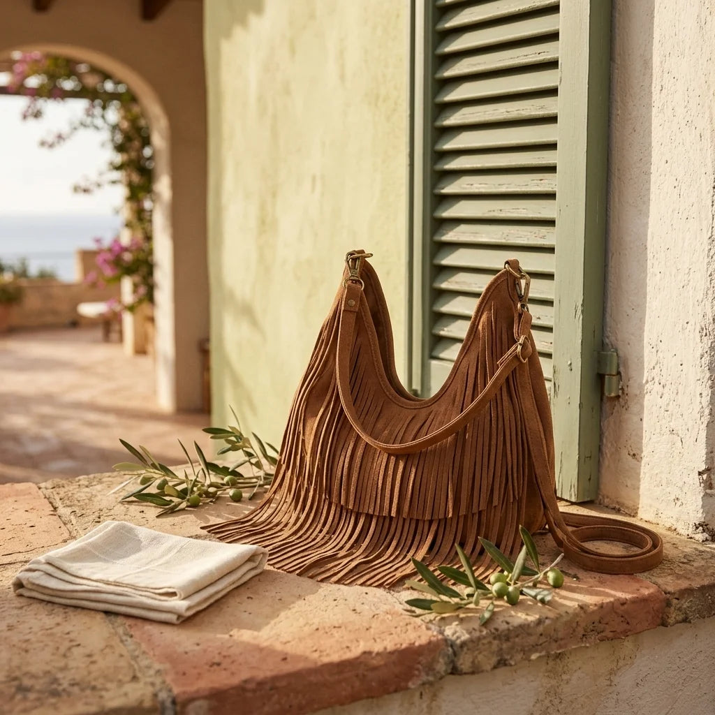 Brown tan fringe hobo bag styled in a warm Mediterranean setting