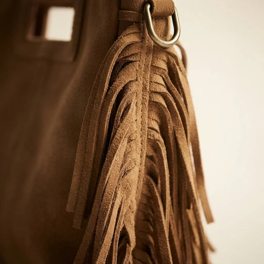 Close-up of fringe stitching and texture on Camel tan fringe shoulder bag