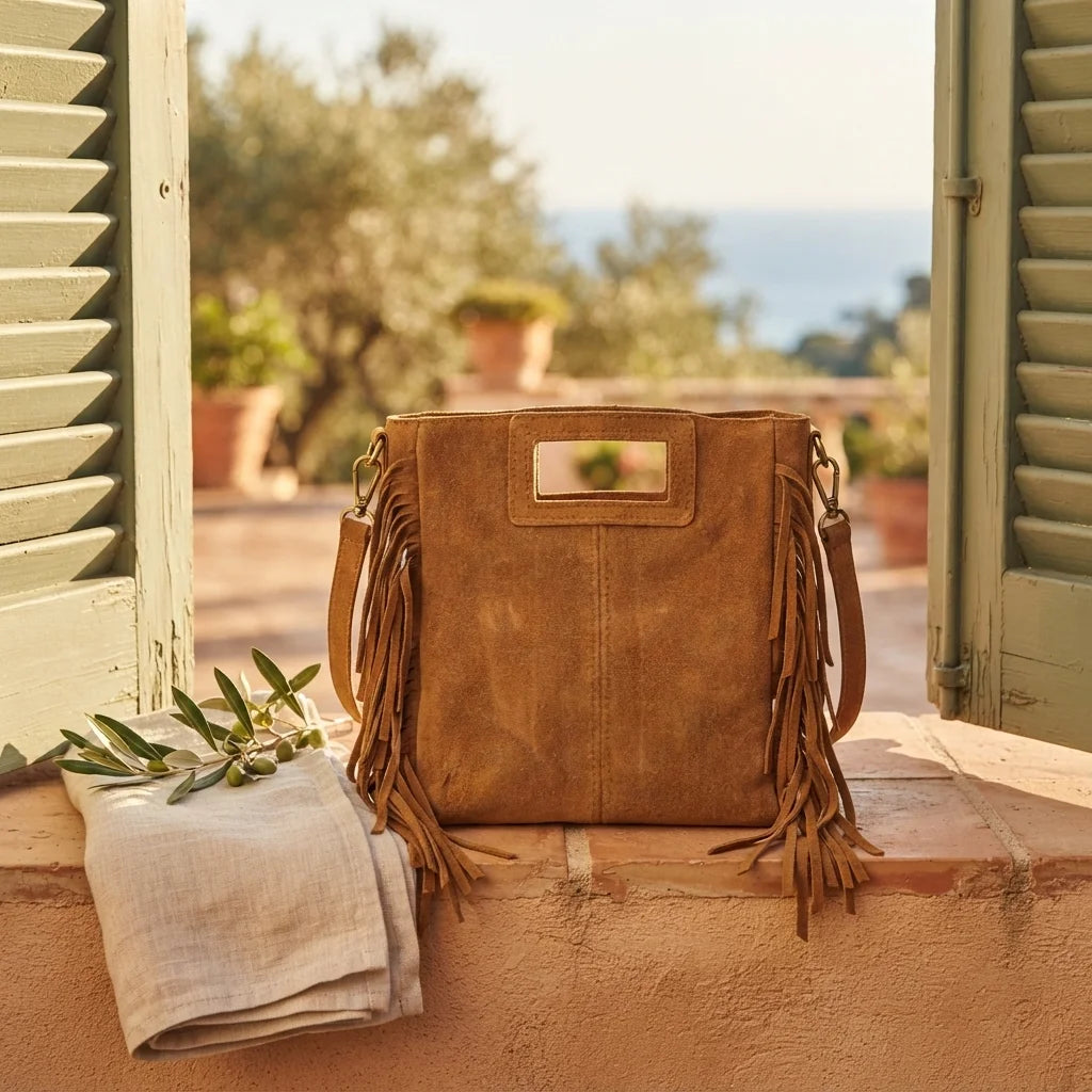 Camel tan fringe shoulder bag styled in a warm Mediterranean setting