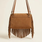 Back panel of Light Brown tan suede fringe bag with strap attachments