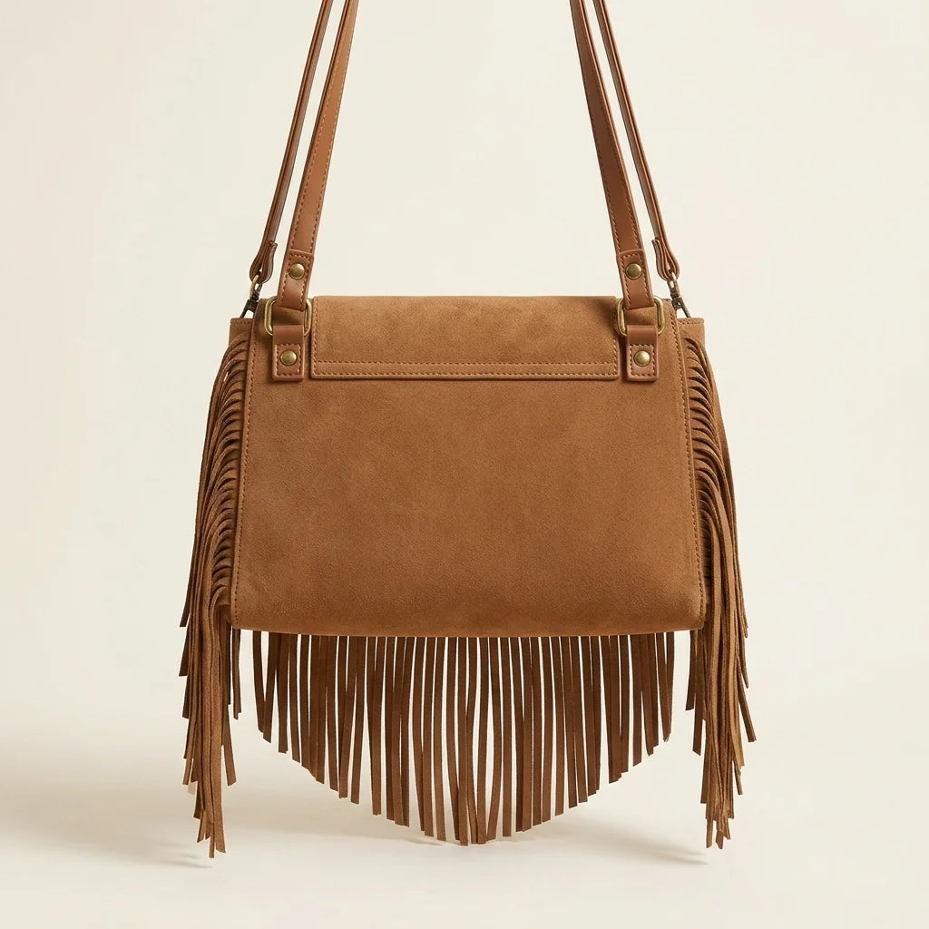 Back panel of Light Brown tan suede fringe bag with strap attachments