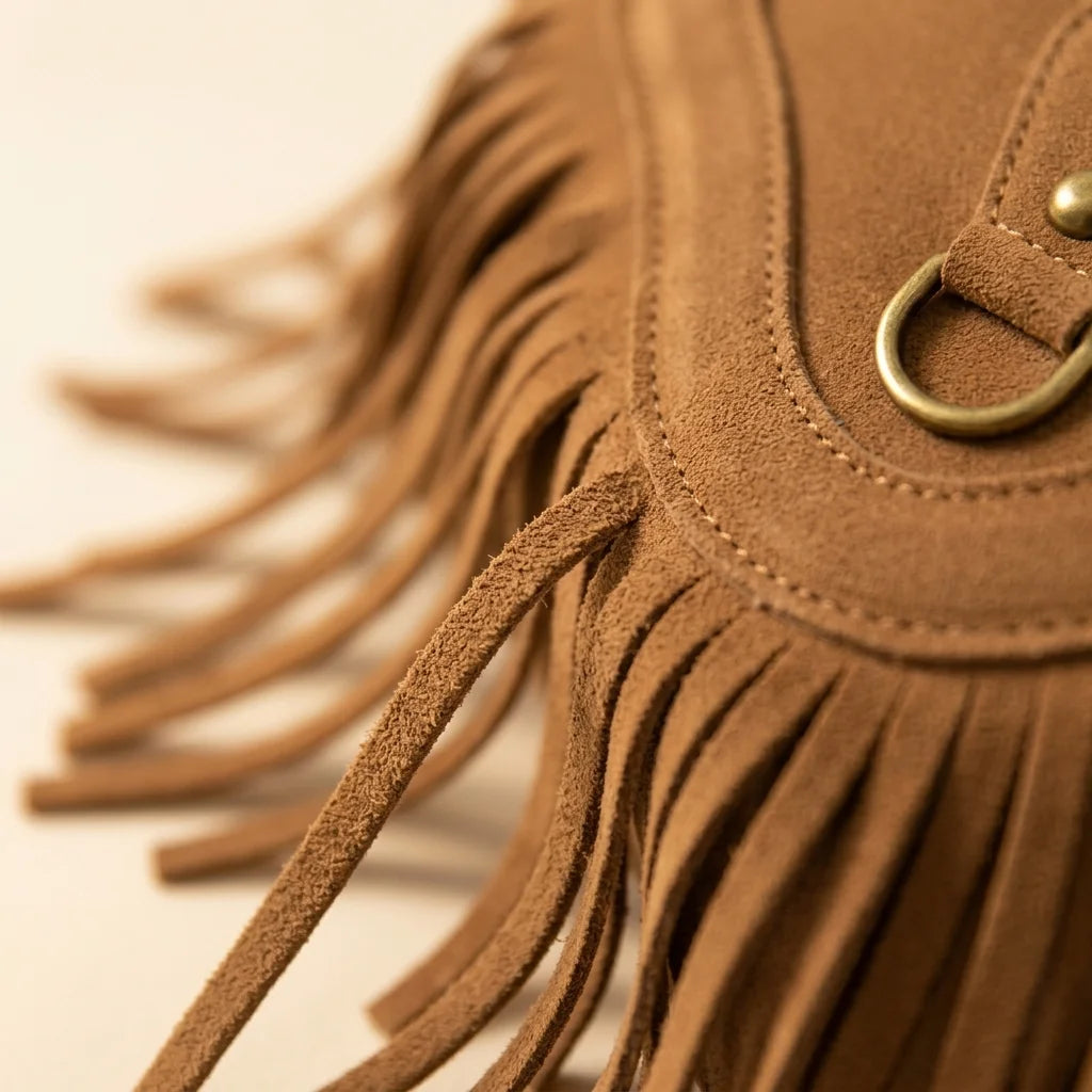 Close-up of fringe stitching and texture on Light Brown tan suede fringe bag