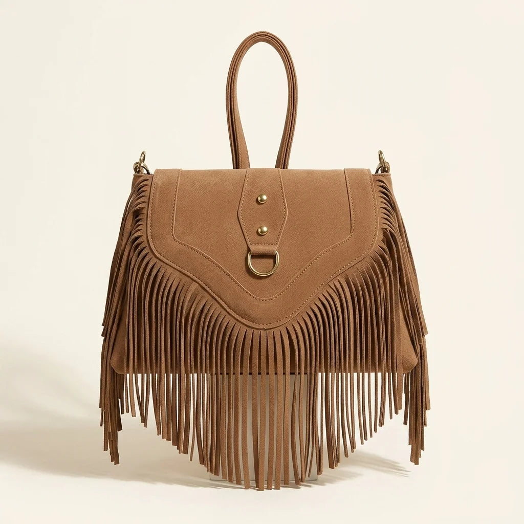 Light Brown tan suede fringe bag, front view