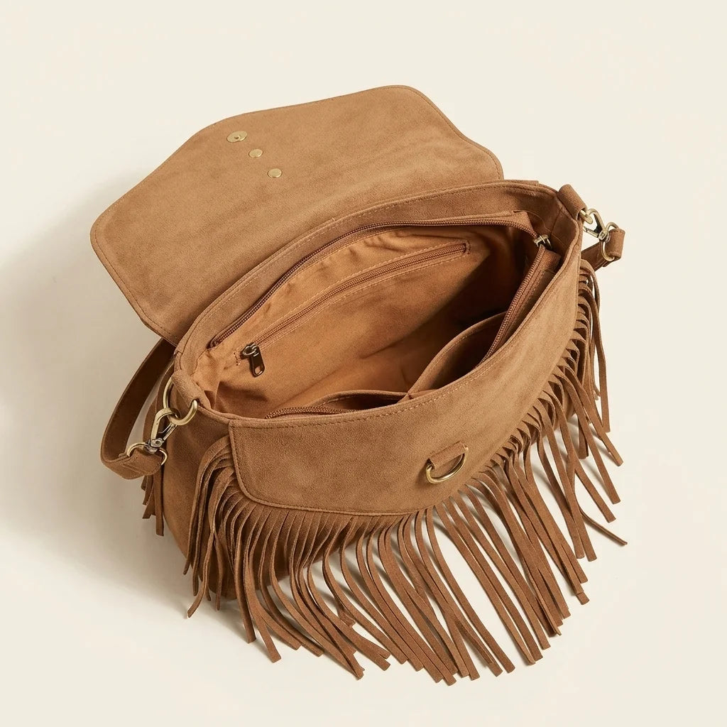 Interior lining and pockets of Light Brown tan suede fringe bag