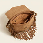 Interior lining and pockets of Light Brown tan suede fringe bag