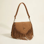 Light Brown tan suede fringe bag, three-quarter angle showing side depth