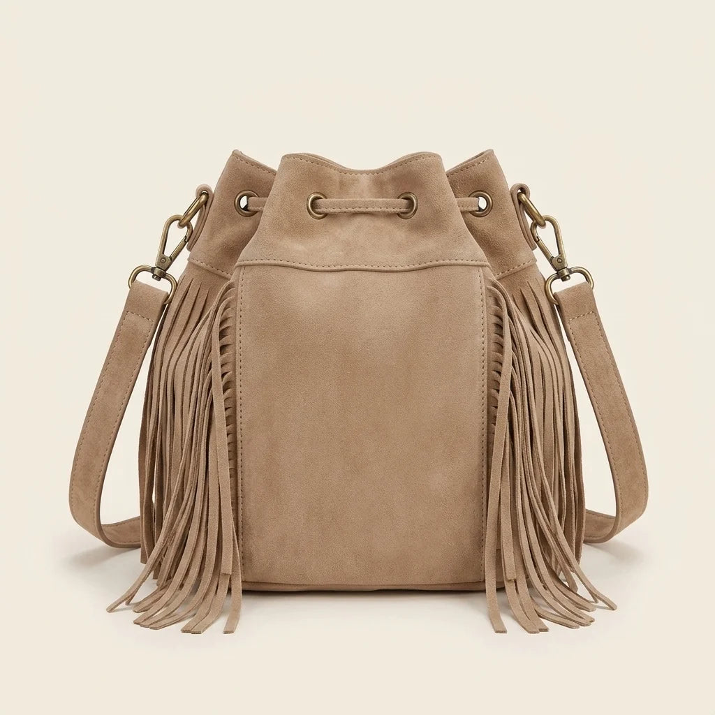 Back panel of Khaki tan suede fringe bucket bag with strap attachments