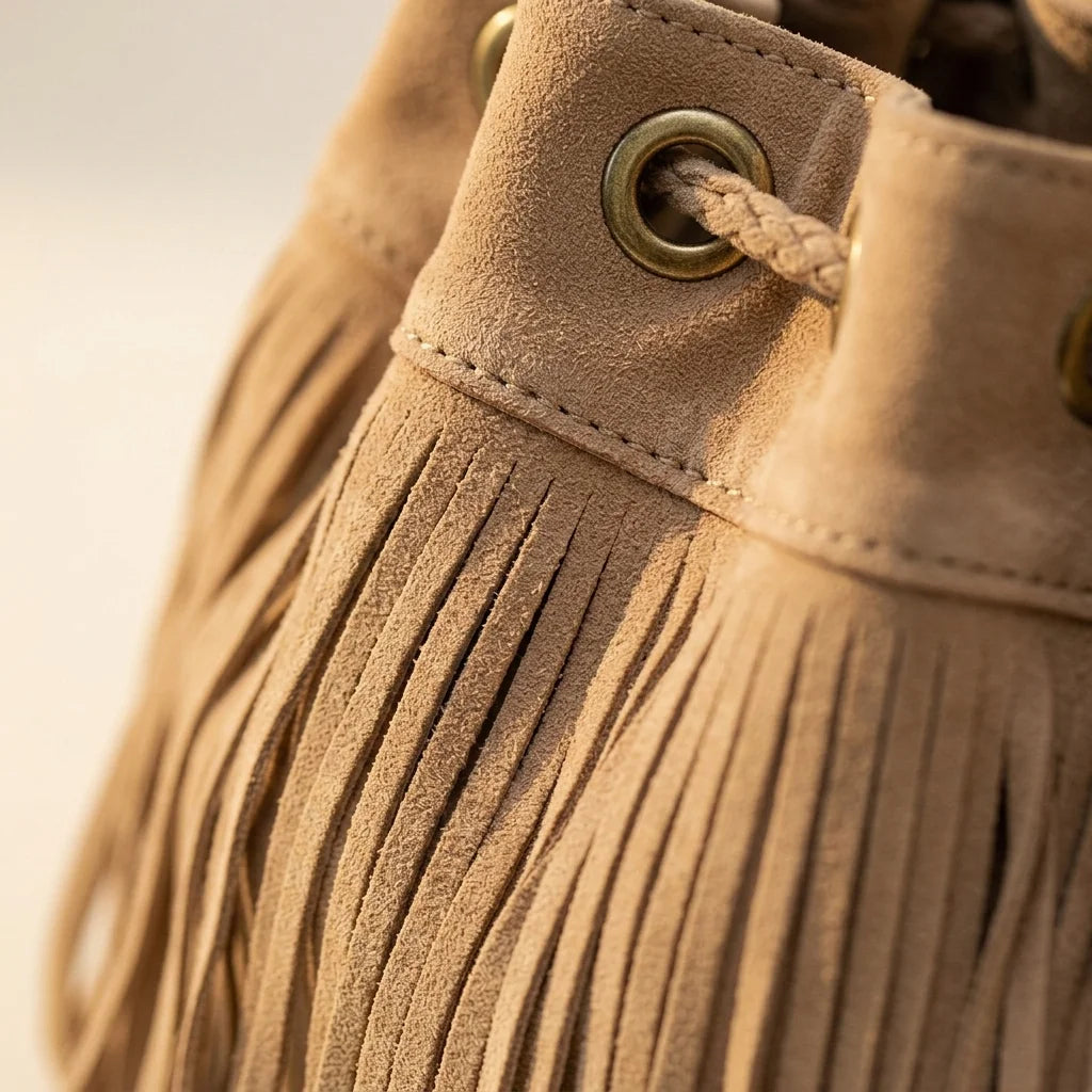 Close-up of fringe stitching and texture on Khaki tan suede fringe bucket bag