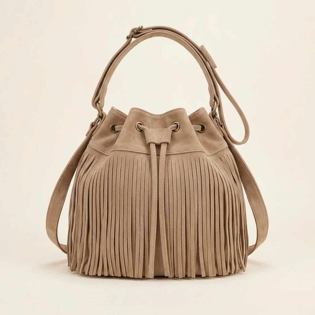 Khaki tan suede fringe bucket bag, front view